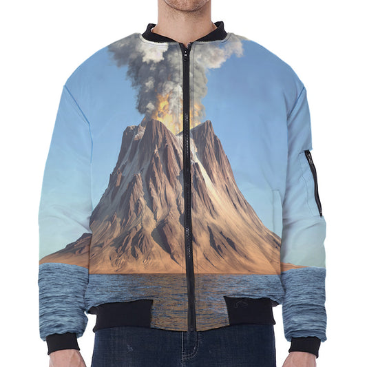 Volcanic Mountain Print Zip Sleeve Bomber Jacket