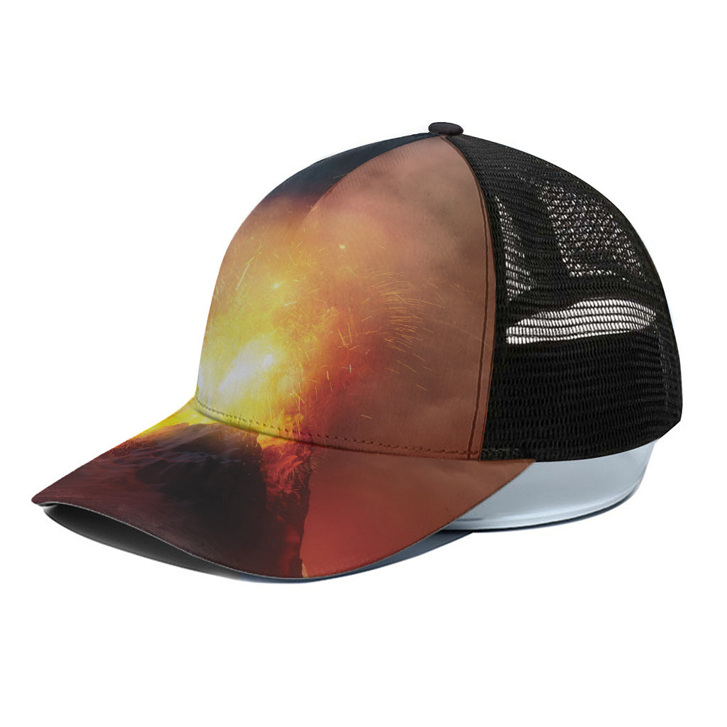 Volcano Eruption Print Black Mesh Trucker Cap