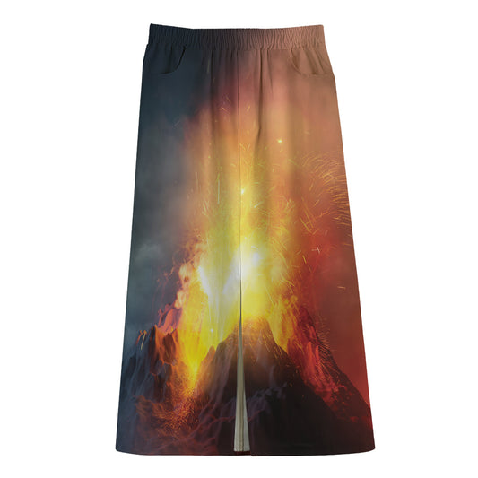 Volcano Eruption Print Cotton Front Slit Maxi Skirt