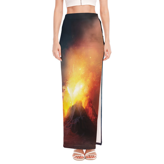 Volcano Eruption Print High Slit Maxi Skirt