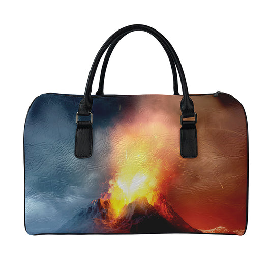 Volcano Eruption Print Leather Duffle Bag