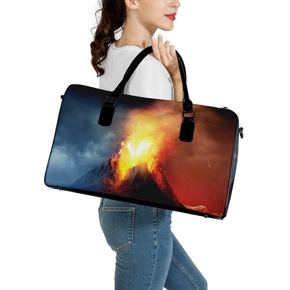 Volcano Eruption Print Leather Duffle Bag