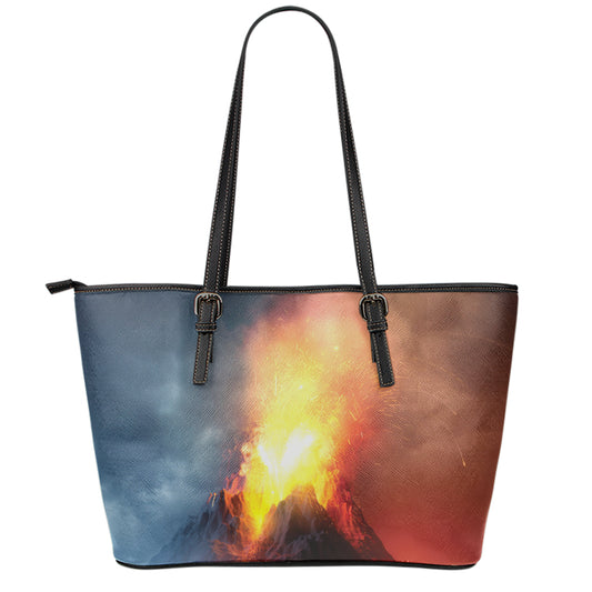 Volcano Eruption Print Leather Tote Bag