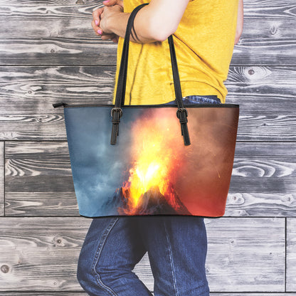 Volcano Eruption Print Leather Tote Bag