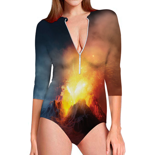 Volcano Eruption Print Long Sleeve Swimsuit