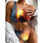 Volcano Eruption Print One Shoulder Bikini Top