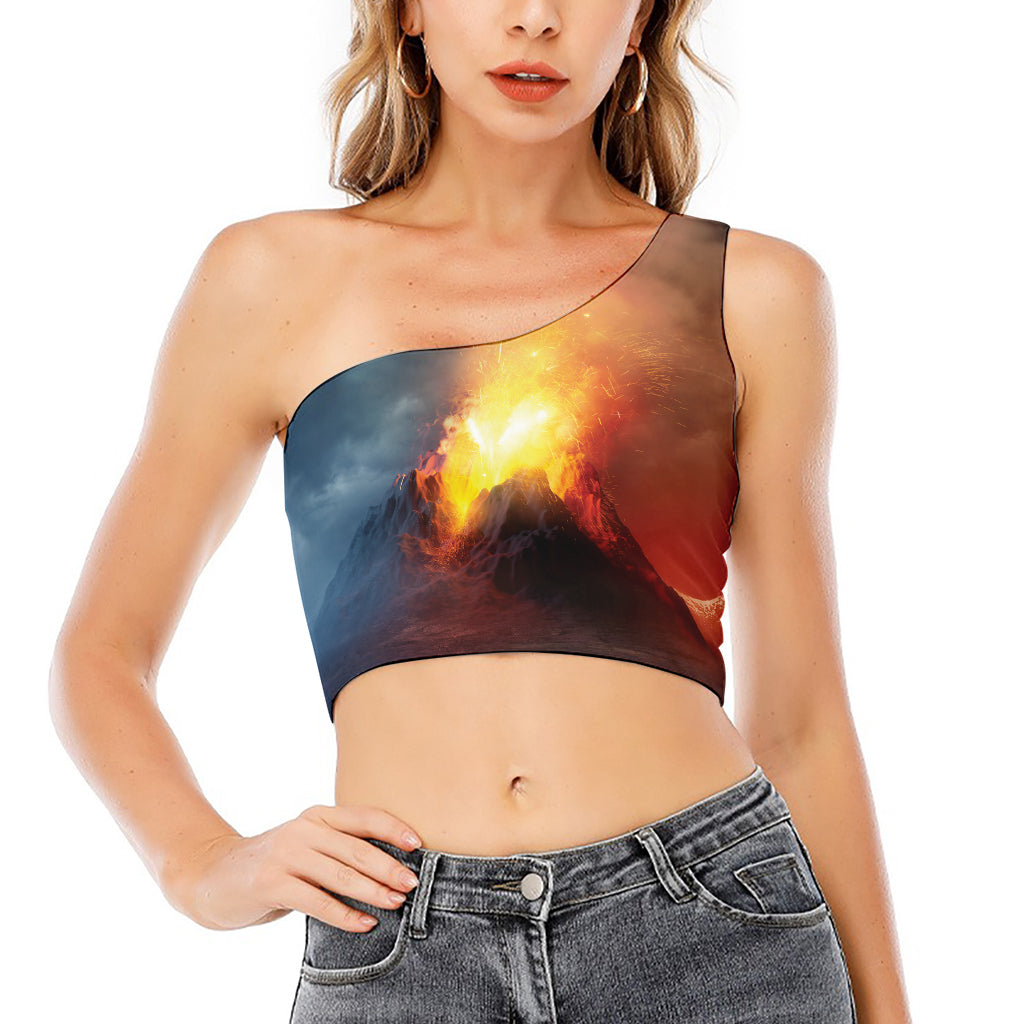 Volcano Eruption Print One Shoulder Crop Top
