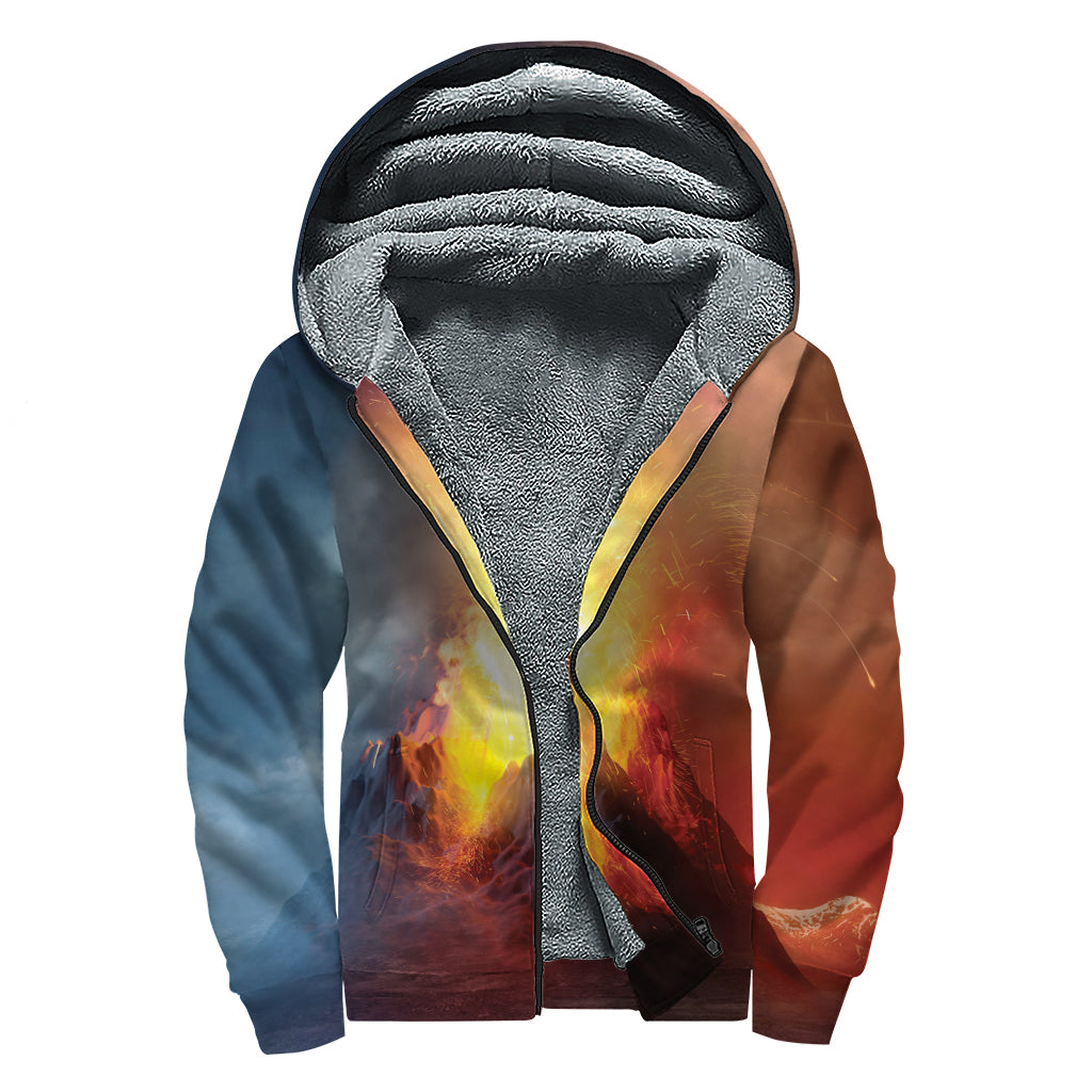 Volcano Eruption Print Sherpa Lined Zip Up Hoodie