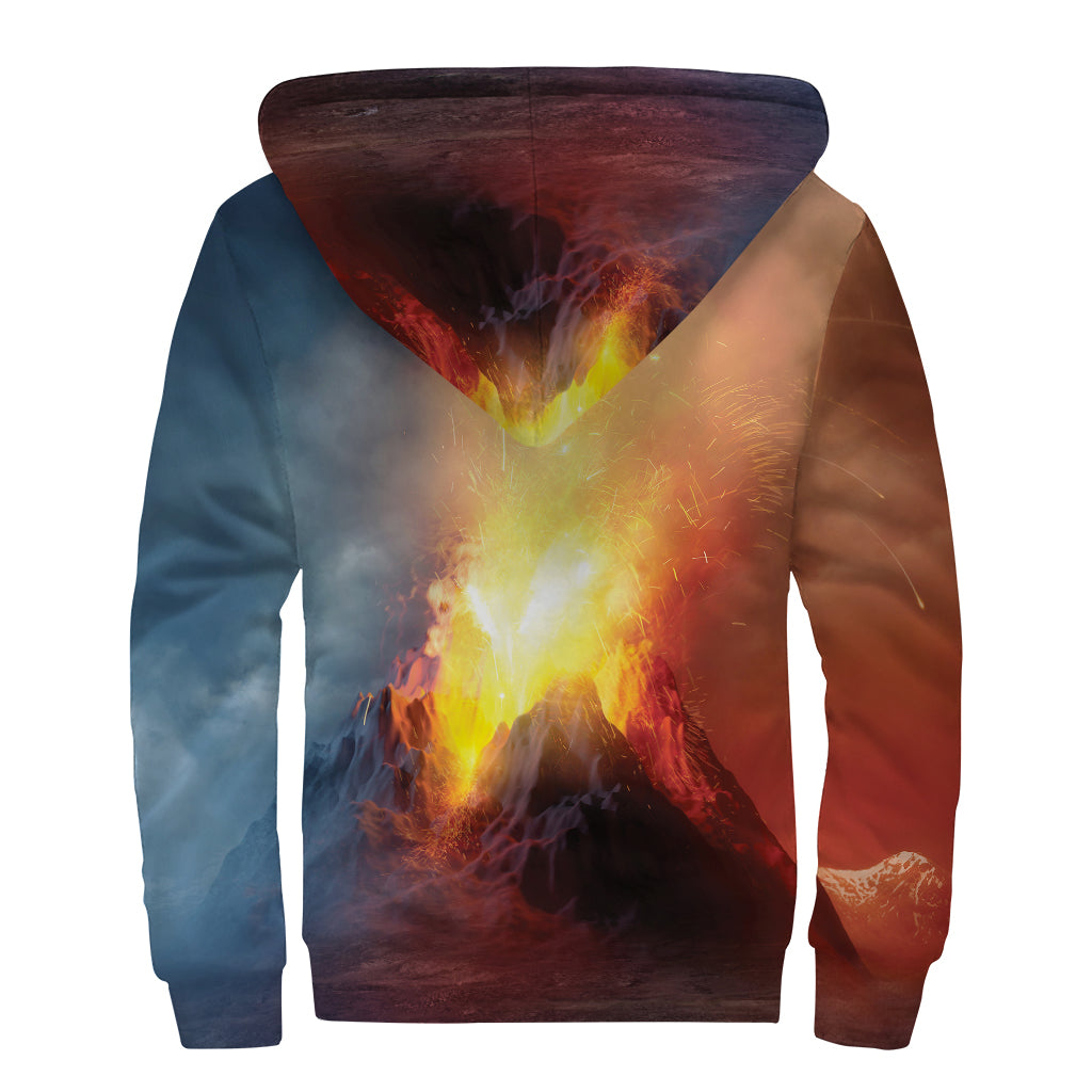 Volcano Eruption Print Sherpa Lined Zip Up Hoodie