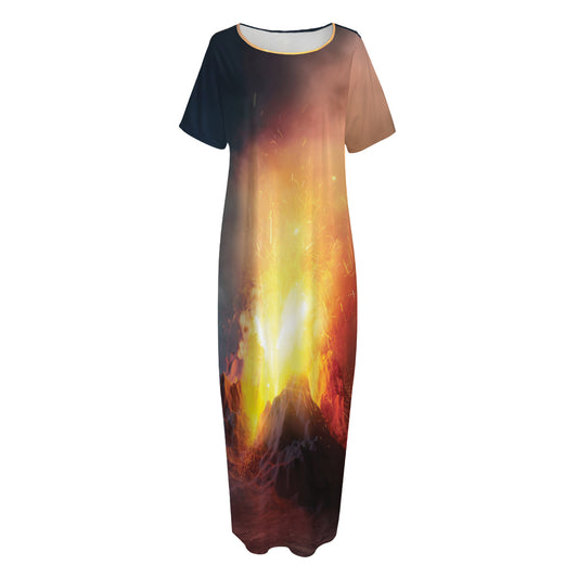 Volcano Eruption Print Short Sleeve Long Nightdress