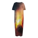 Volcano Eruption Print Short Sleeve Long Nightdress