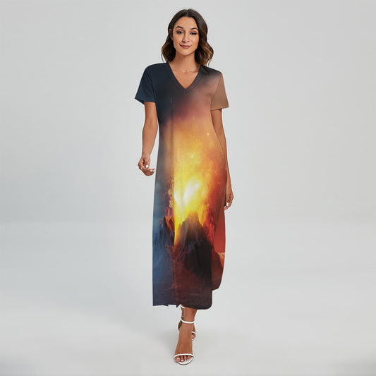 Volcano Eruption Print Short Sleeve Maxi Dress