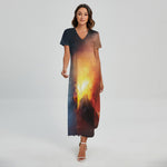 Volcano Eruption Print Short Sleeve Maxi Dress