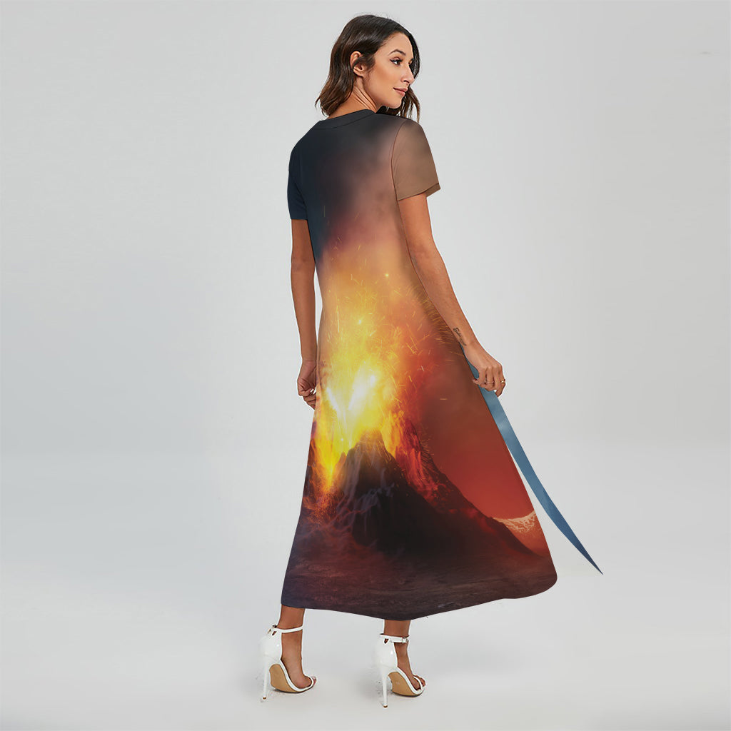 Volcano Eruption Print Short Sleeve Maxi Dress