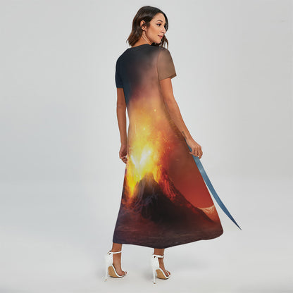 Volcano Eruption Print Short Sleeve Maxi Dress