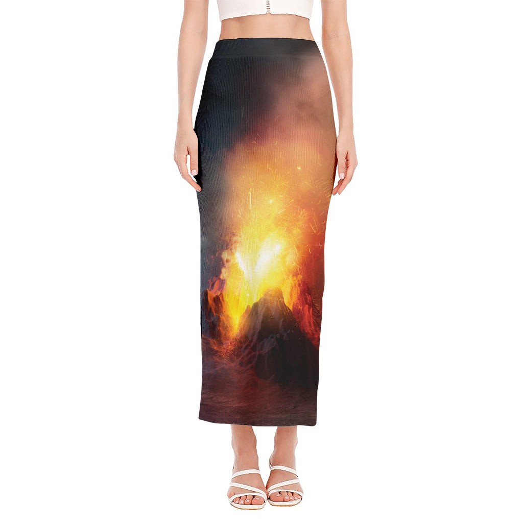 Volcano Eruption Print Side Slit Maxi Skirt