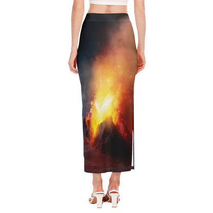 Volcano Eruption Print Side Slit Maxi Skirt