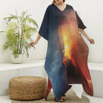 Volcano Eruption Print Silk V-Neck Kaftan Dress