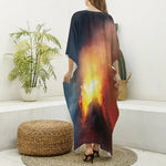 Volcano Eruption Print Silk V-Neck Kaftan Dress