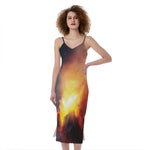 Volcano Eruption Print Slim Fit Midi Cami Dress