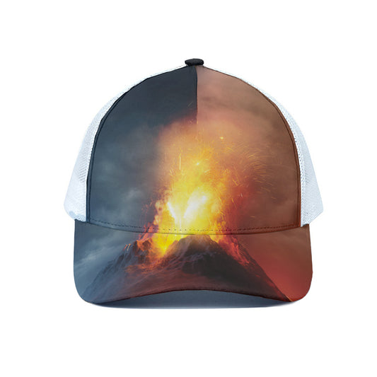 Volcano Eruption Print White Mesh Trucker Cap