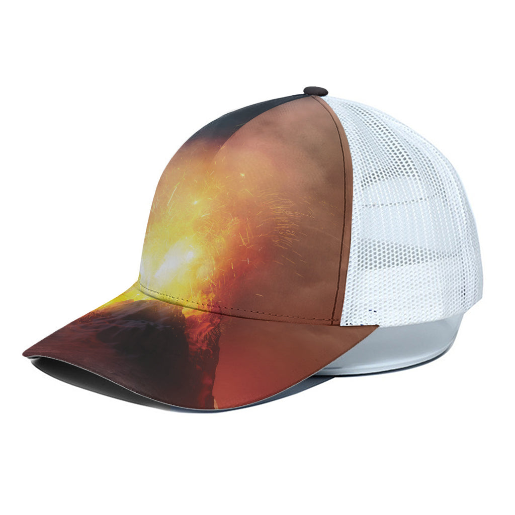 Volcano Eruption Print White Mesh Trucker Cap