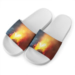 Volcano Eruption Print White Slide Sandals