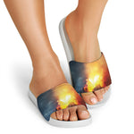 Volcano Eruption Print White Slide Sandals