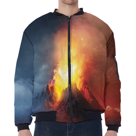 Volcano Eruption Print Zip Sleeve Bomber Jacket