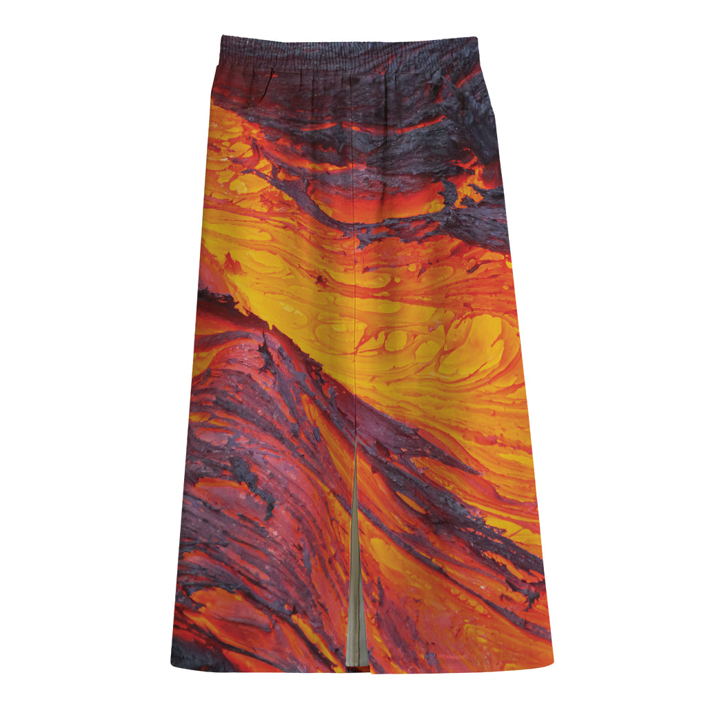 Volcano Lava Print Cotton Front Slit Maxi Skirt