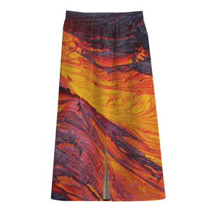 Volcano Lava Print Cotton Front Slit Maxi Skirt