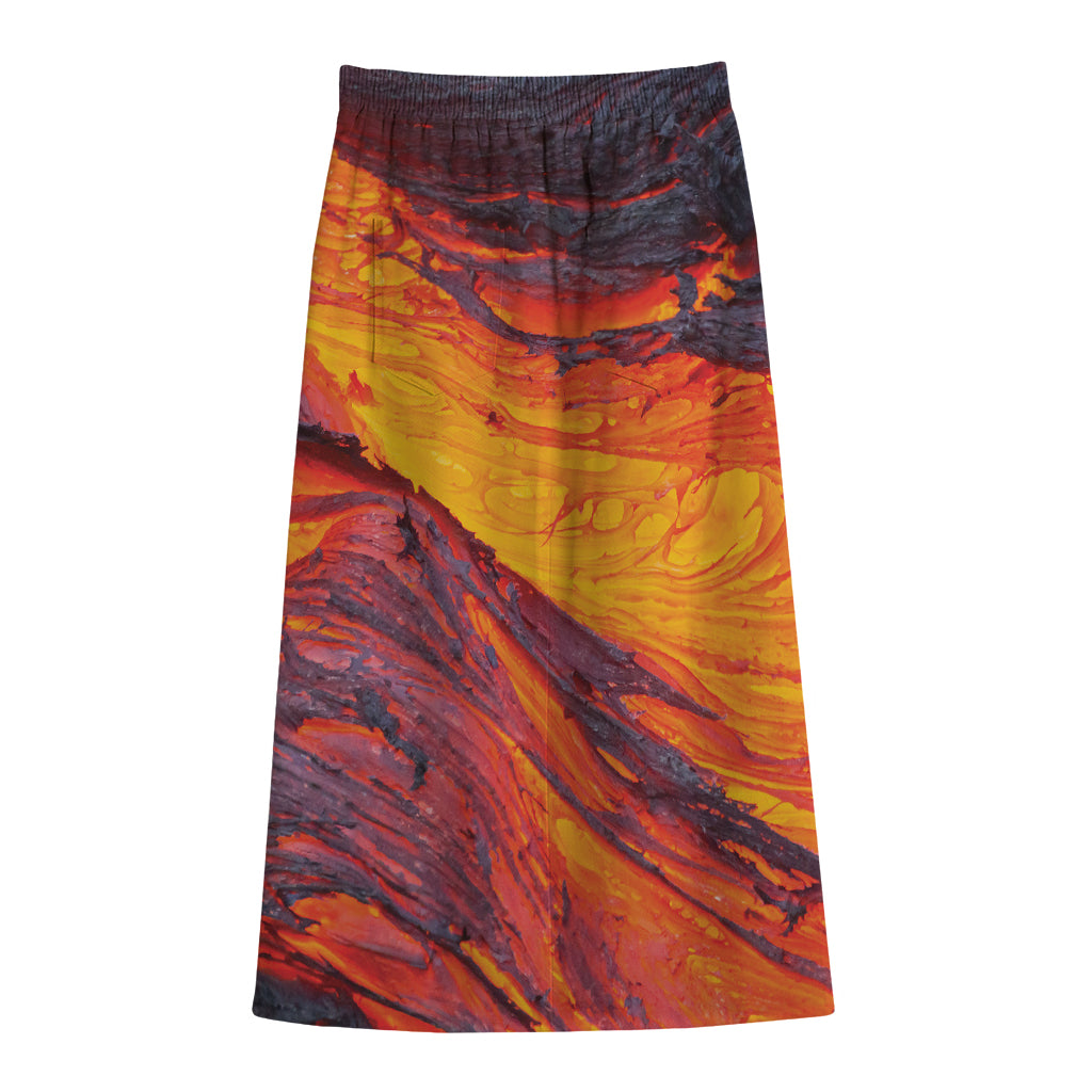 Volcano Lava Print Cotton Front Slit Maxi Skirt