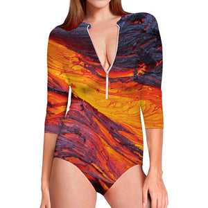 Volcano Lava Print Long Sleeve Swimsuit