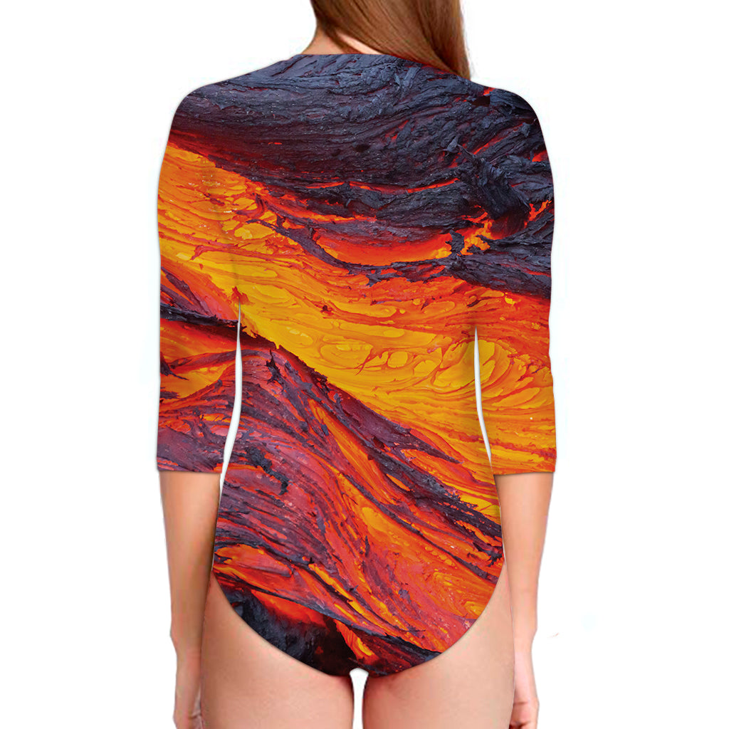 Volcano Lava Print Long Sleeve Swimsuit