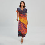 Volcano Lava Print Short Sleeve Maxi Dress