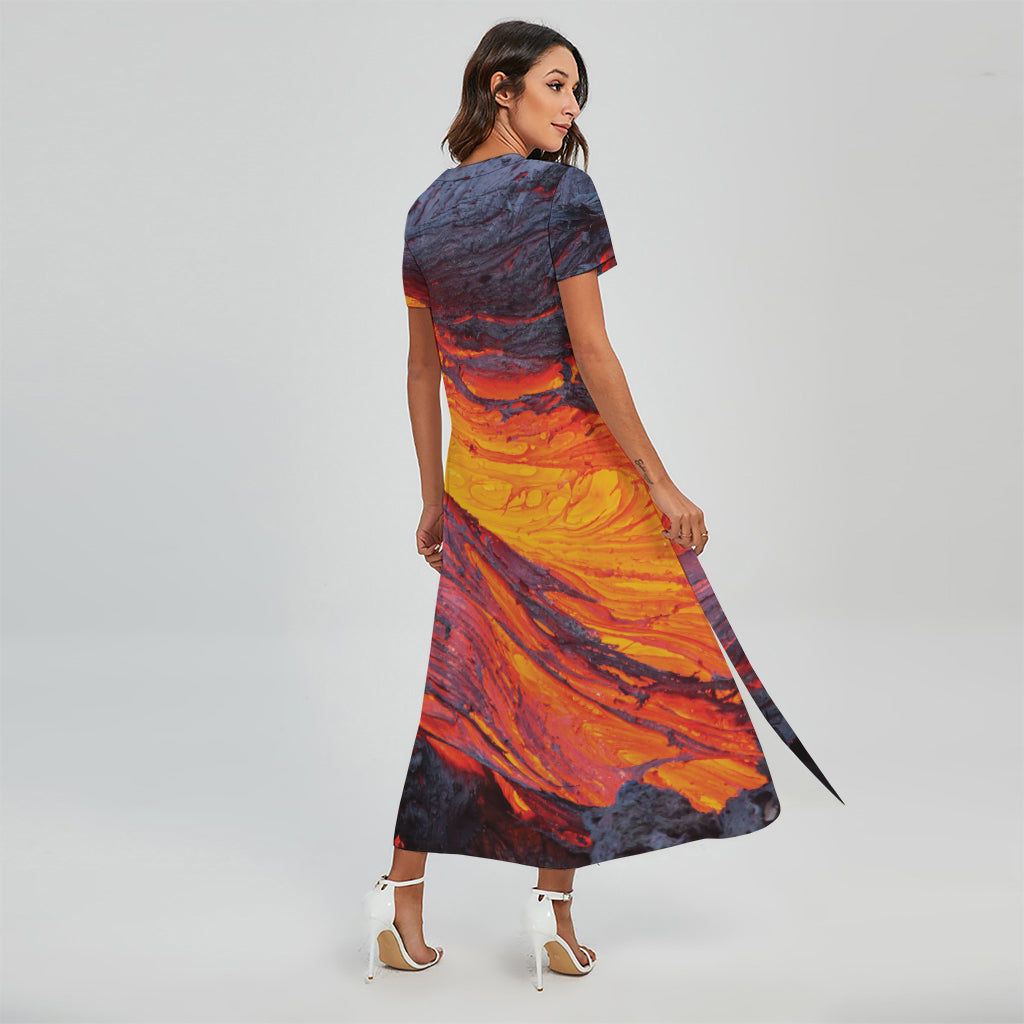 Volcano Lava Print Short Sleeve Maxi Dress