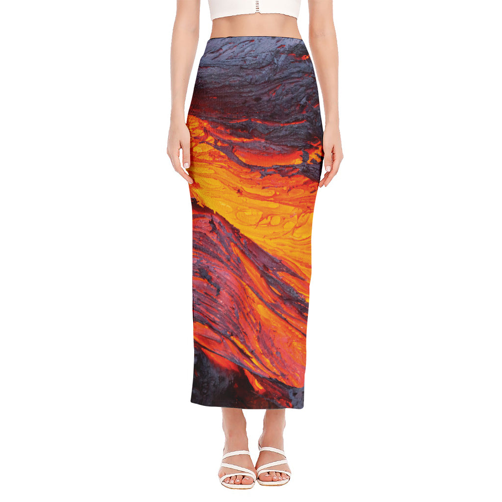 Volcano Lava Print Side Slit Maxi Skirt