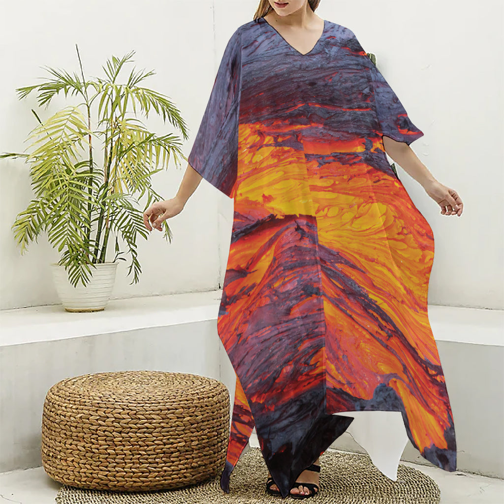 Volcano Lava Print Silk V-Neck Kaftan Dress