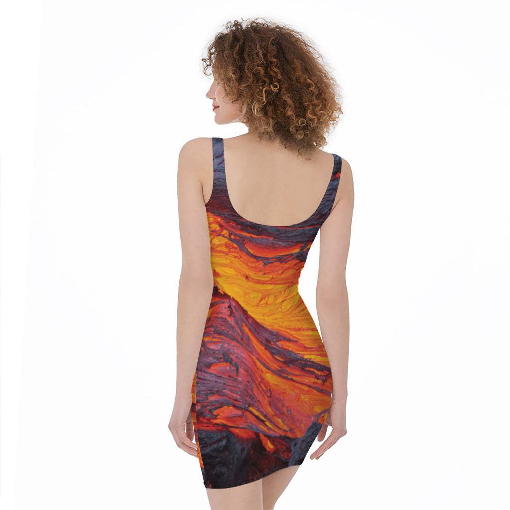 Volcano Lava Print Sleeveless Bodycon Dress