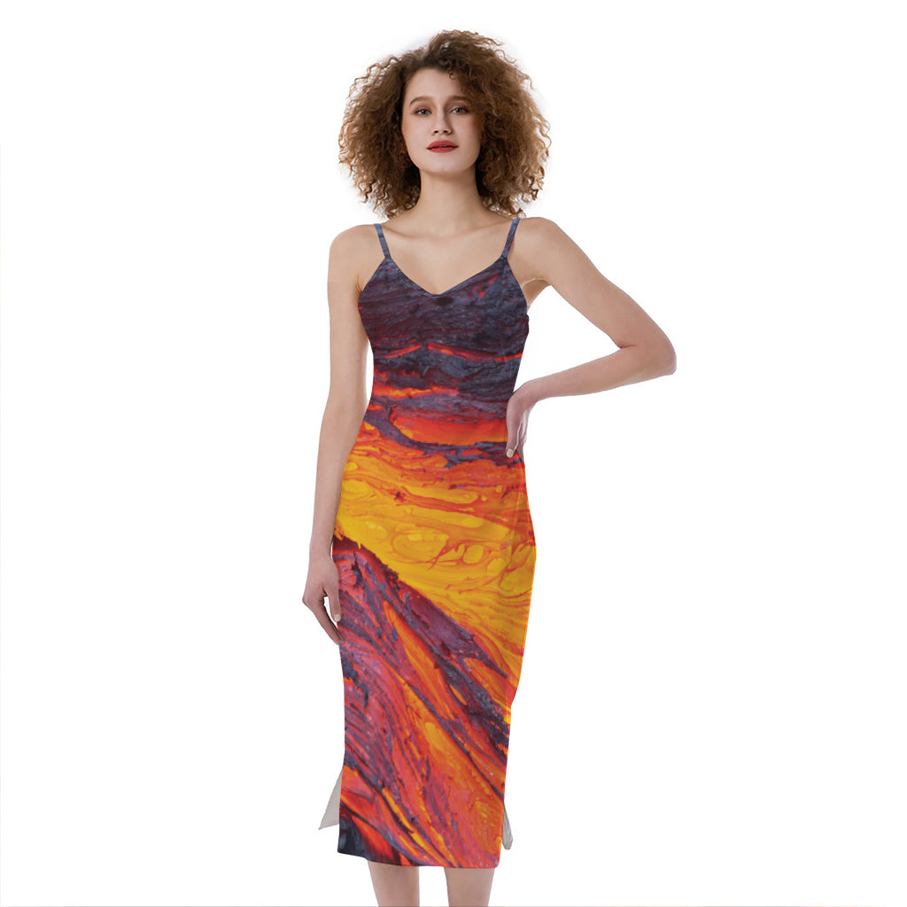 Volcano Lava Print Slim Fit Midi Cami Dress