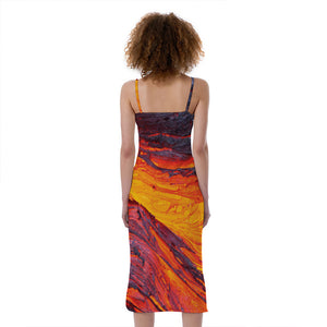 Volcano Lava Print Slim Fit Midi Cami Dress