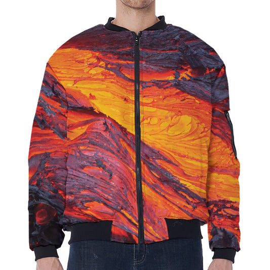 Volcano Lava Print Zip Sleeve Bomber Jacket