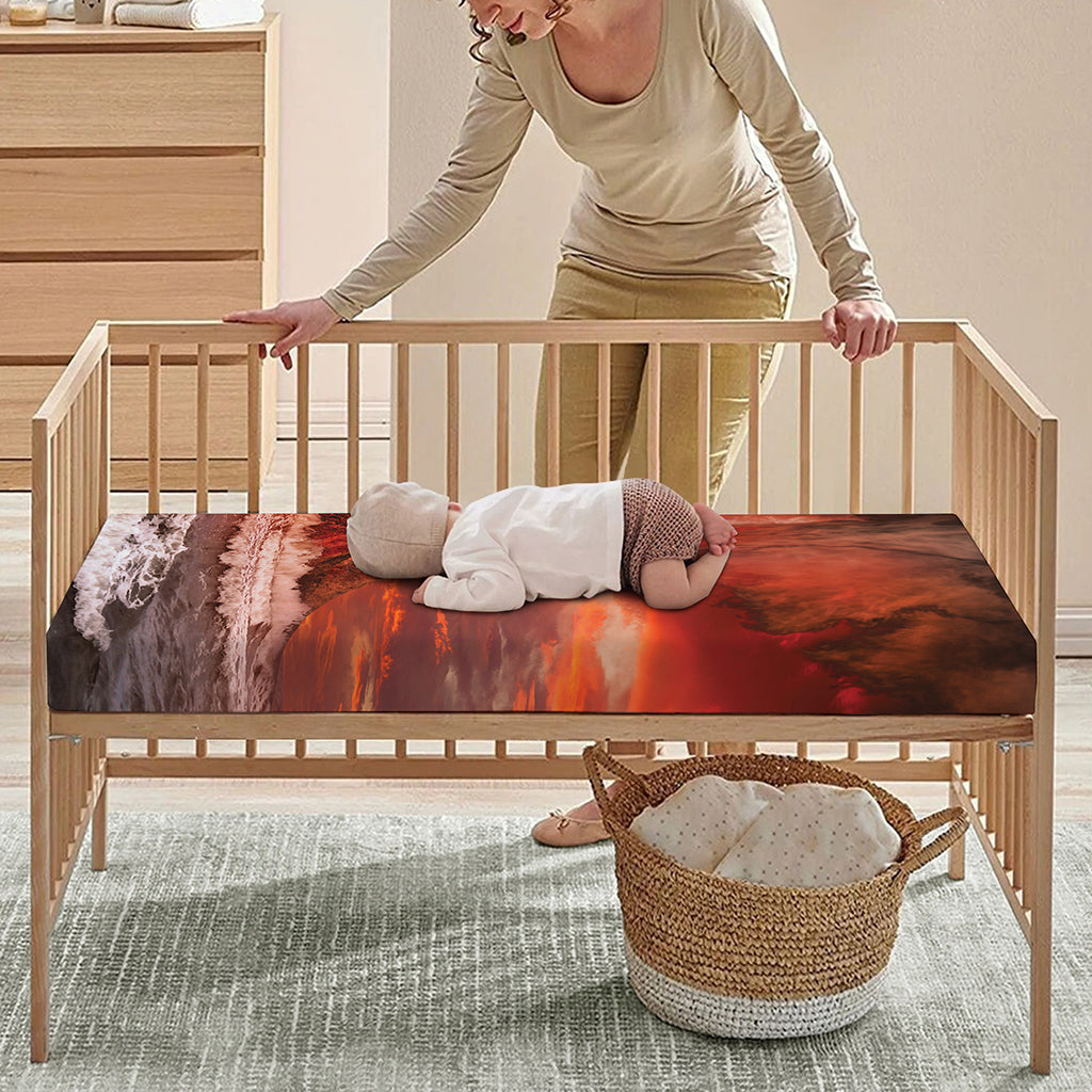 Volcano On The Sea Print Baby Crib Sheet