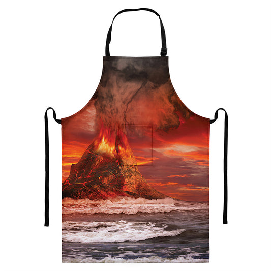 Volcano On The Sea Print Bib Apron With Pocket