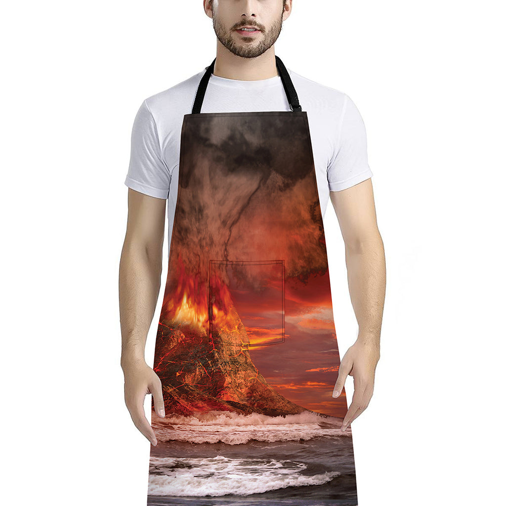 Volcano On The Sea Print Bib Apron With Pocket