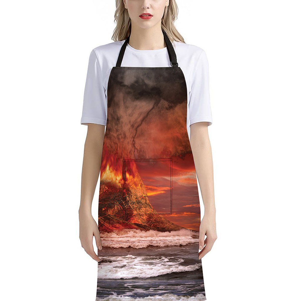 Volcano On The Sea Print Bib Apron With Pocket