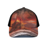 Volcano On The Sea Print Black Mesh Trucker Cap