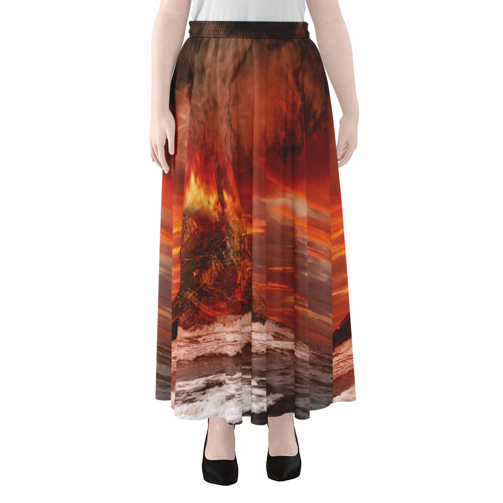 Volcano On The Sea Print Chiffon Maxi Skirt