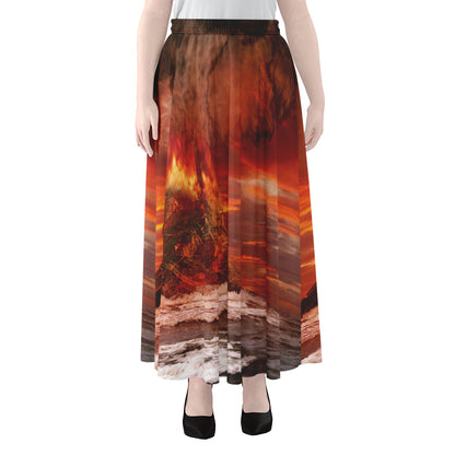 Volcano On The Sea Print Chiffon Maxi Skirt