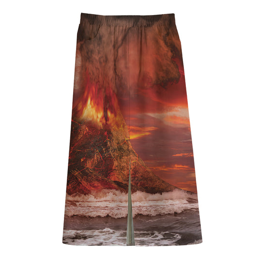 Volcano On The Sea Print Cotton Front Slit Maxi Skirt
